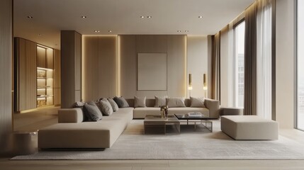 Fototapeta premium Modern living room interior design with a beige sectional sofa, gold accents, and a large window