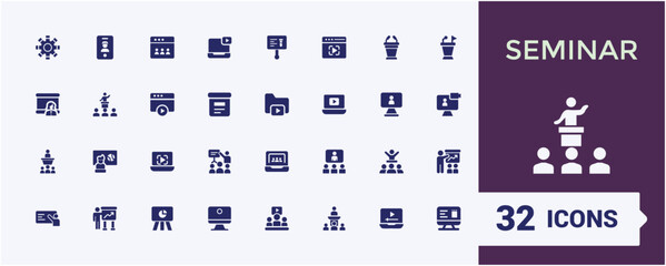 Seminar icon pack. Includes icons for teacher, 5on, man, group, teamwork, person, collaboration and more. Minimal filled icons. Editable vector icon and illustration.