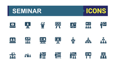 Seminar icons in filled style. Containing meet, laptop, seminar, group, conference, organization, office and more. Simple solid symbol. Editable vector illustration.
