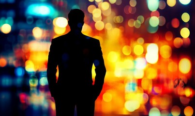 image depicts silhouette of businessman against bright, glowing background, symbolizing ambition and leadership in bustling city environment