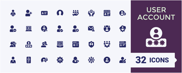 Set of User Account solid icons. Includes flat solid re, privacy, account, avatar, delete, privacy setting, 2fa and more. Filled icon collections. Editable vector illustration.