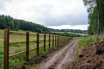 Fototapeta premium Recently set up electric fence and wooden posts observed on a picturesque UK farm with a distant forest visible
