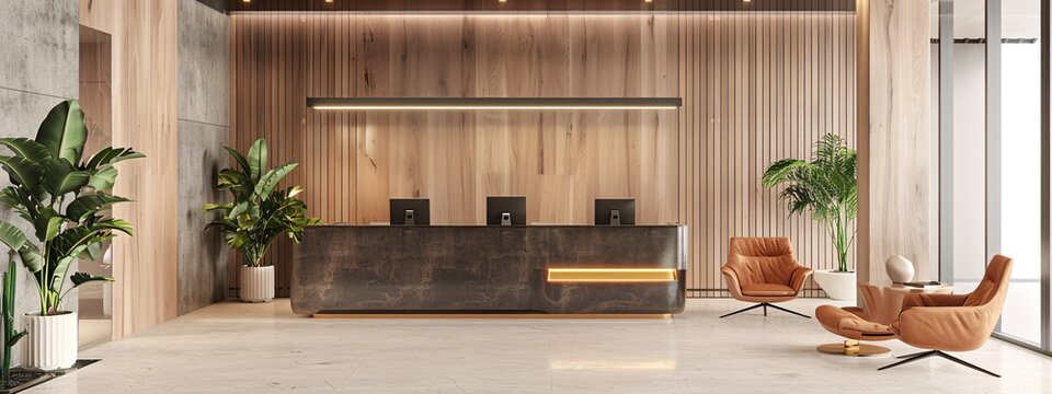 Office reception area with sleek desk, visitor seating, and welcoming design