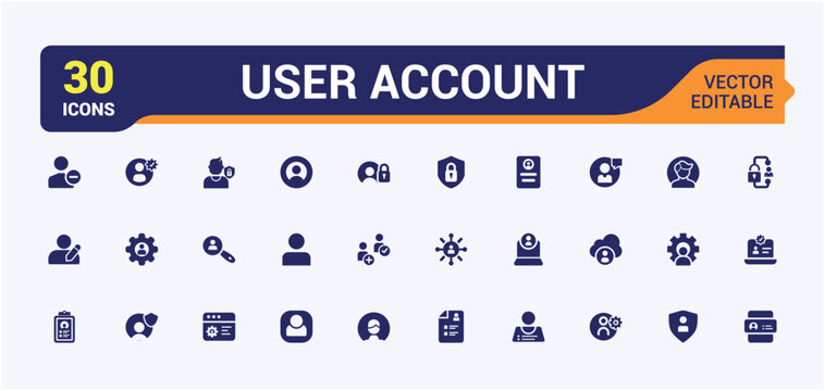 Set of User Account solid icons. Includes flat solid re, privacy, account, avatar, delete, privacy setting, 2fa and more. Filled icon collections. Editable vector illustration.