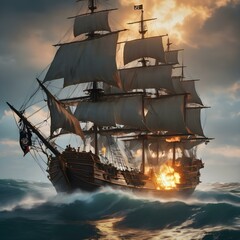 A vector of a pirate ship battle at sea with cannons firing and sails billowing in the wind