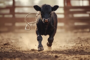 Rodeo heeler captures a black calf with tied back legs in a dusty arena blurred background