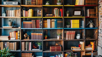 Office shelves filled with books, files, and decorative items