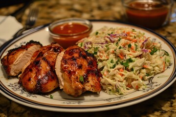 Rotisserie chicken meal with a breast wing coleslaw and hot sauce