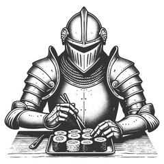Fototapeta premium knight in full armor eating sushi with chopsticks, medieval and modern cultural themes humorously sketch engraving generative ai vector illustration. Scratch board imitation. Black and white image.