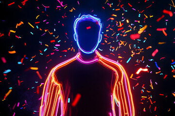  An electrifying neon outline of a loyal patron enveloped by neon streaks and confetti against a black backdrop --ar 3:2 --s 50
