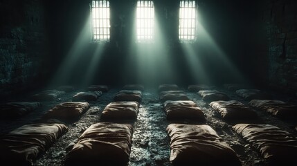 An evocative image of an empty prison cell, with light streaming through barred windows, creating a powerful contrast between hope and despair in a desolate environment.