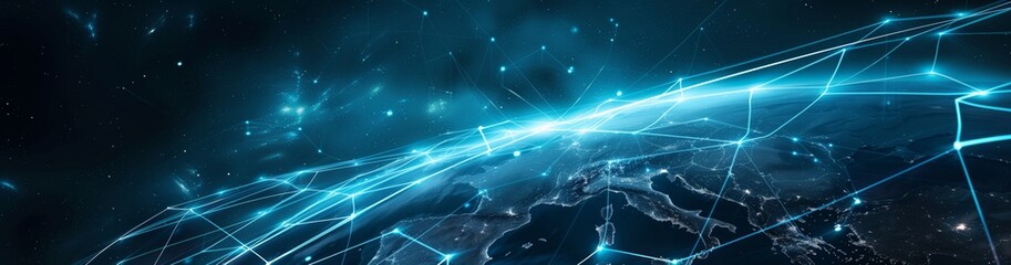 Obraz premium An artistic depiction of a futuristic Earth seen from space, illustrating a digital network with glowing lines symbolizing global communication and connectivity in a technologically advanced world
