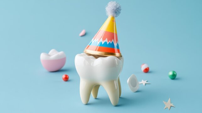 Tooth with party horn and festive hat, celebrating New Year s Eve, fun and cheerful, dental health focus