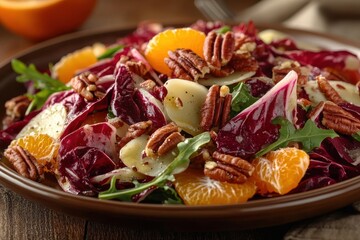 Salad of arugula orange and pecans radicchio on brown