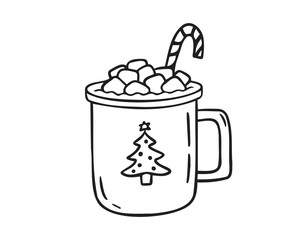 Cup of hot cocoa with marshmallows and candy cane doodle hand drawn isolated icon. Doodle cocoa cup for Christmas 