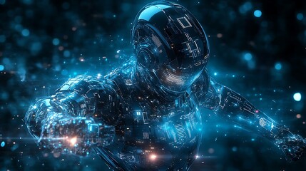 Bionic superhuman with mechanical arms and detailed tech layers, showing circuit lines glowing in a dark setting