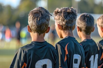 Youth Soccer Players standing together Rear View