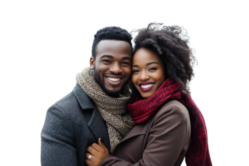 A smiling, fashionable African American couple warmly embracing, both dressed in stylish coats and scarves against a transparent, isolated background