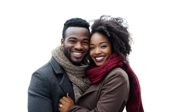 A smiling, fashionable African American couple warmly embracing, both dressed in stylish coats and scarves against a transparent, isolated background
