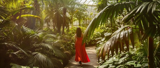 The Enchanting Journey of a Woman in a Red Dress through Chapultepec Forest Botanical Garden in Mexi