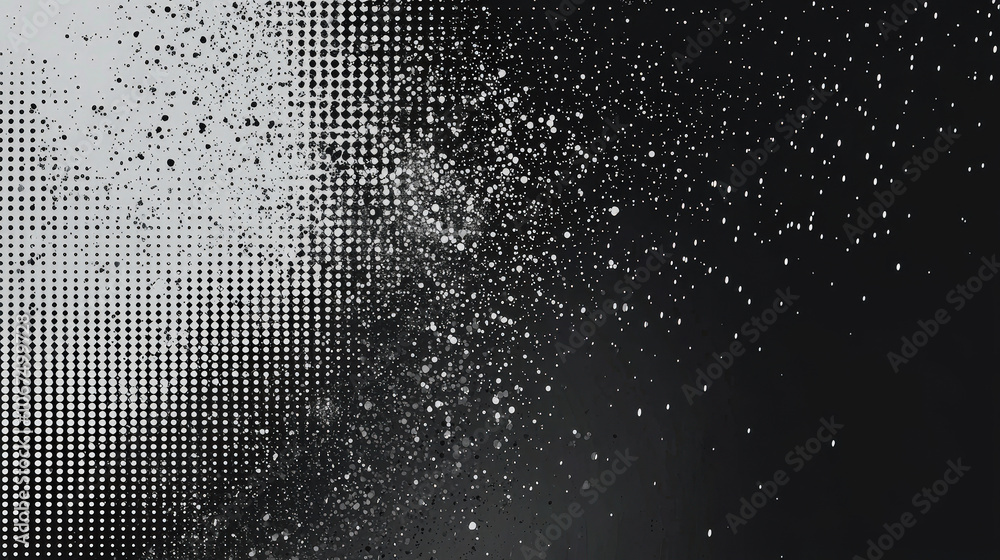 Fototapete Dynamic abstract composition with a black and white gradient, showcasing scattered dots that create a textured visual effect, enhancing depth and contrast