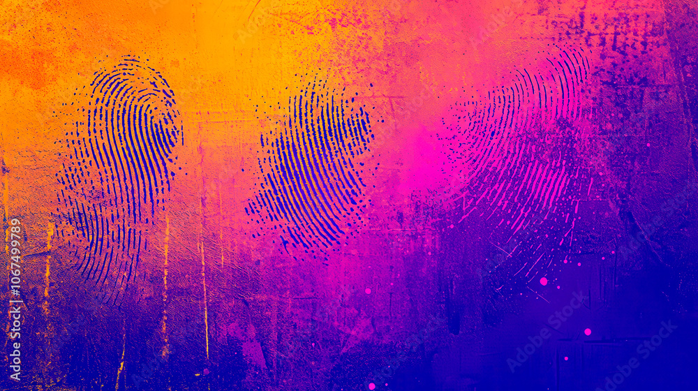 Poster A vibrant abstract backdrop showcases overlapping fingerprint patterns in shades of purple and orange, creating a striking and modern visual effect