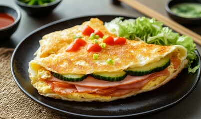 Japanese omelette sandwich with ham tomato lettuce cucumber and assorted sauces served in a cafeteria