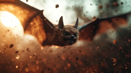 A captivating image of a bat dynamically flying amidst swirling debris, depicting the raw power and agility of nature and invoking a thrilling sense of action.