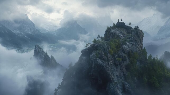 Bergsteiger auf einem Gipfel im Gebirge bei Nebel