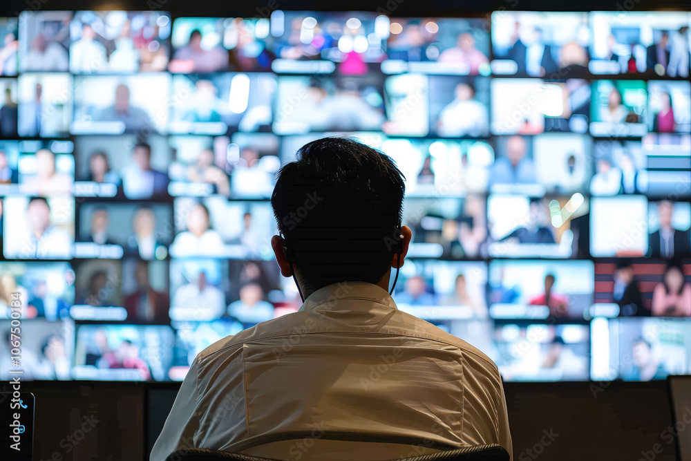 Poster A person sits in front of a large display showing numerous video conference participants, engaged in a busy work environment during the day