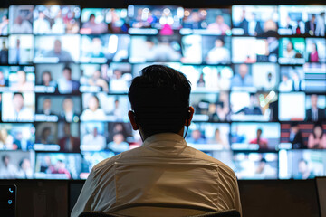 A person sits in front of a large display showing numerous video conference participants, engaged in a busy work environment during the day