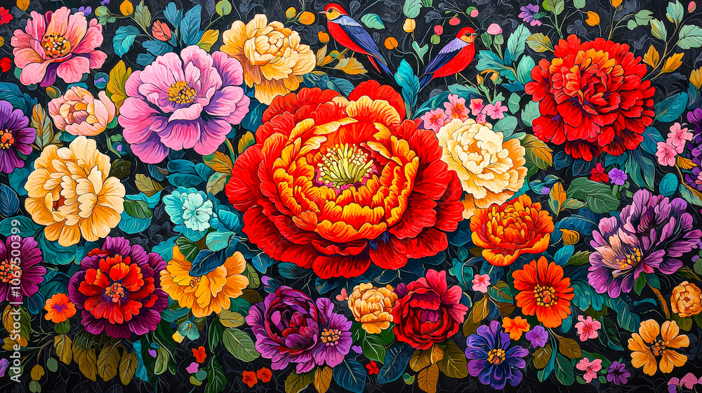 Poster a stunning mural showcases large peonies in various colors surrounded by smaller flowers and birds, 