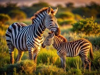 Fototapeta premium Zebra Foal and Mother in Low Light African Bush