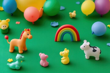 Obraz premium Small toy figures on green ground Balloons creatures and a rainbow
