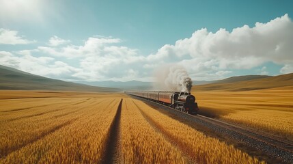 Naklejka premium Train locomotive golden wheat field village rural farm horizontal mountains landscape blue sky, background, wallpaper, scenic 
