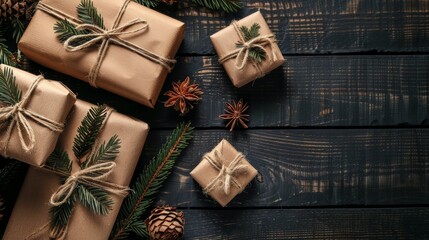 Fototapeta premium Eco-friendly Christmas gift wrapping with natural decor