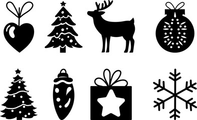 Set of Christmas silhouette icons on white background, vector