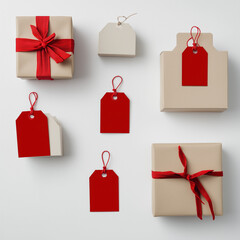 Red and beige gift boxes with tags for holiday presents