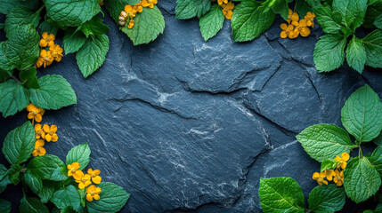 Green leaves and yellow flowers on dark stone surface