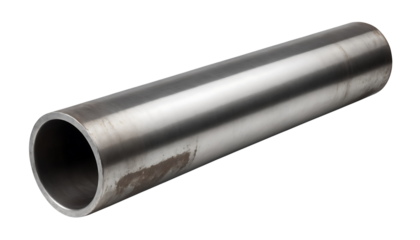 A neatly arranged stack of shiny steel metal pipes, evenly aligned and isolated on a white background, with a clean and sharp cutout, perfect for a PNG file format