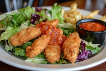 Tender chicken strips and tossed salad accompanied by tomato relish dip