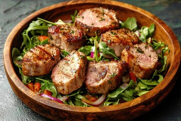 Fototapeta premium Tenderloin pork medallions with vegetable salad on a wooden plate Overhead shot with space for text