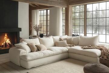 Fototapeta premium white corner sofa beside a fireplace in a scandinavianinspired modern living room showcasing clean lines soft textures and a warm inviting atmosphere perfect for relaxation