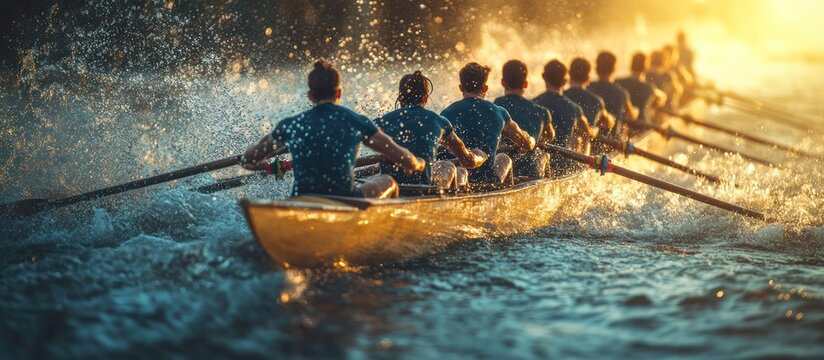 A rowing team races through the water at sunset, creating a spray of water.