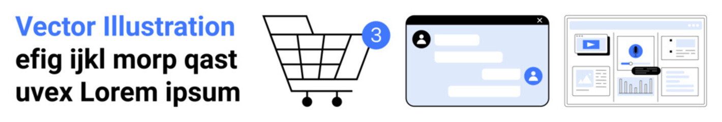 Fototapeta premium Shopping cart with notification, chat app with messages, and dashboard interface. Ideal for e-commerce, communication, web design, technology, online services, user interface, digital marketing