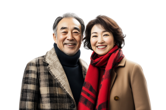 A smiling, fashionable older Asian couple warmly embracing, both dressed in stylish coats and scarves against a transparent, isolated background