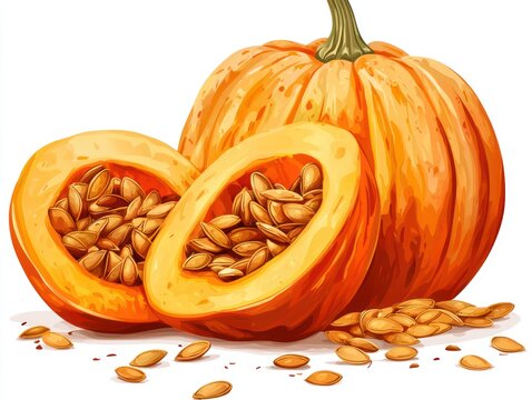 Clipart a cut pumpkin with seeds spilling out, symbolizing harvest and Thanksgiving preparations