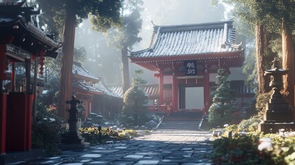 A serene Japanese temple with snow-capped roofs and a stone path leading to the entrance.