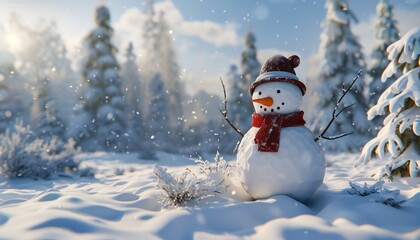 Obraz premium Cheerful snowman in a snowy forest, ideal for festive greetings and winter decor