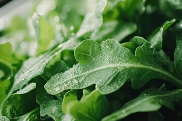The image depicts a salad with young arugula